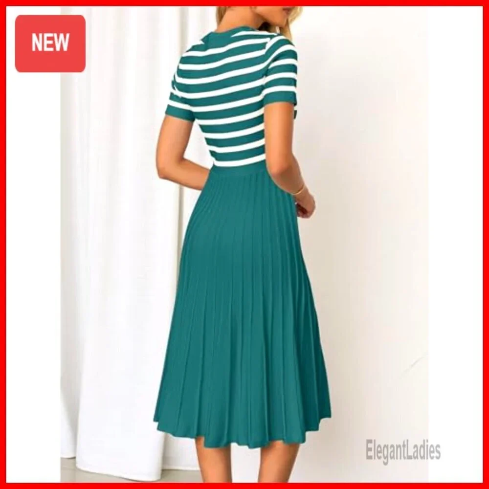 Casual Striped Midi Dress Crewneck Short Sleeve Button Ribbed Knit Swing Pleated